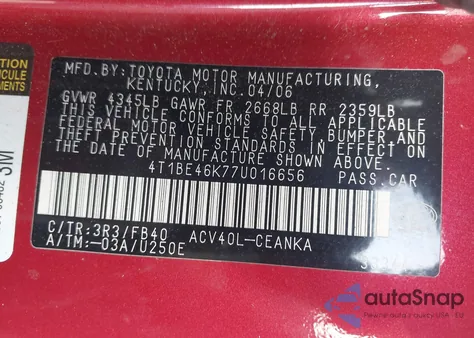 2007 Toyota Camry Le from USA, damaged, VIN 4T1BE46K77U016656